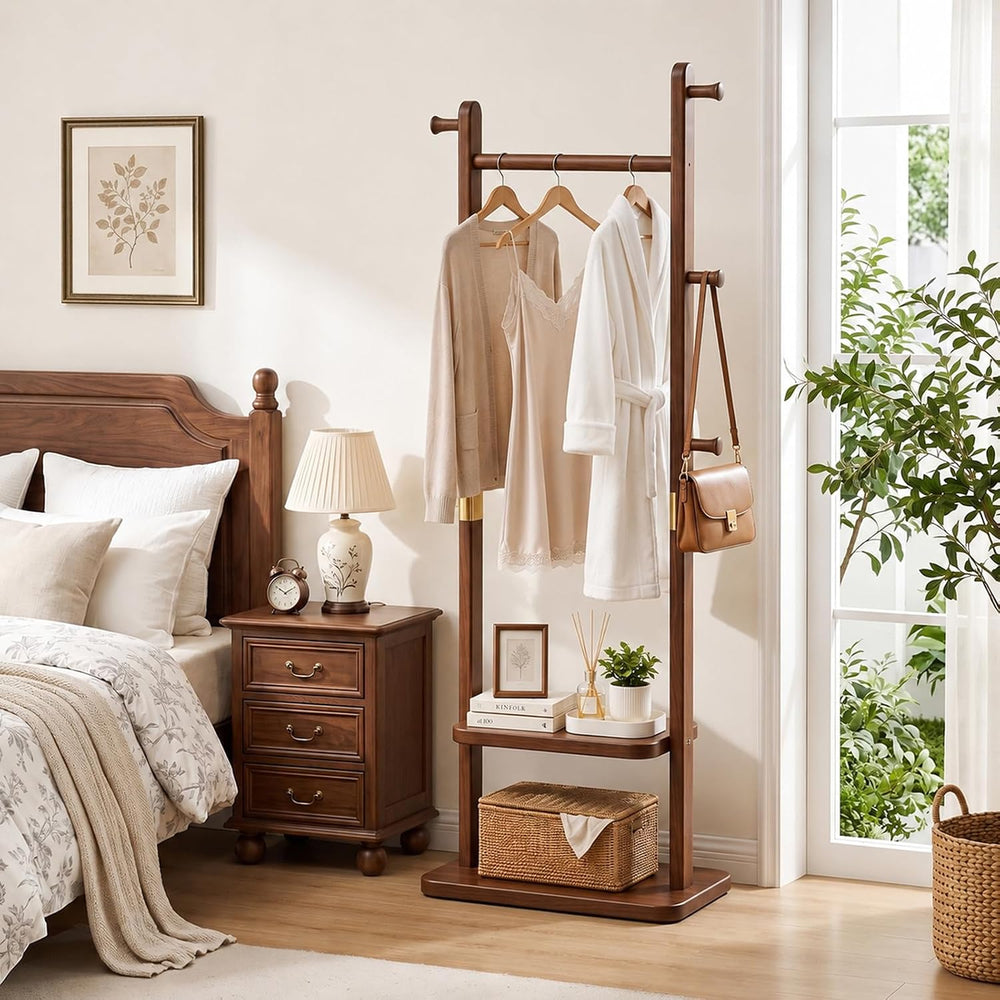 Taitiy Solid Wood Coat Rack, Freestanding Clothing Rack with 2 Shelves Storag...