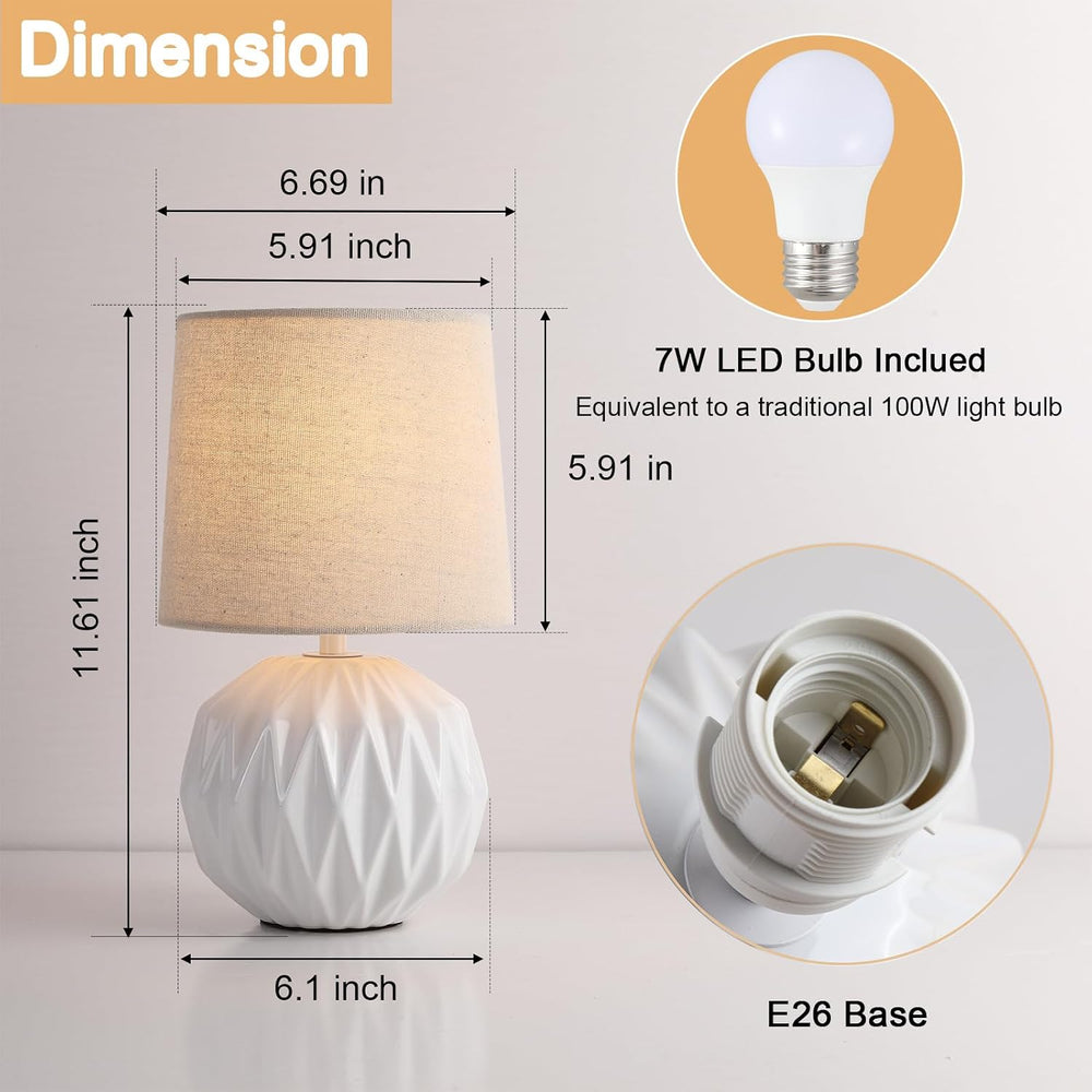 White Ceramic Table Lamp, Geometric Textured Small Bedside Lamp with Linen Sh...