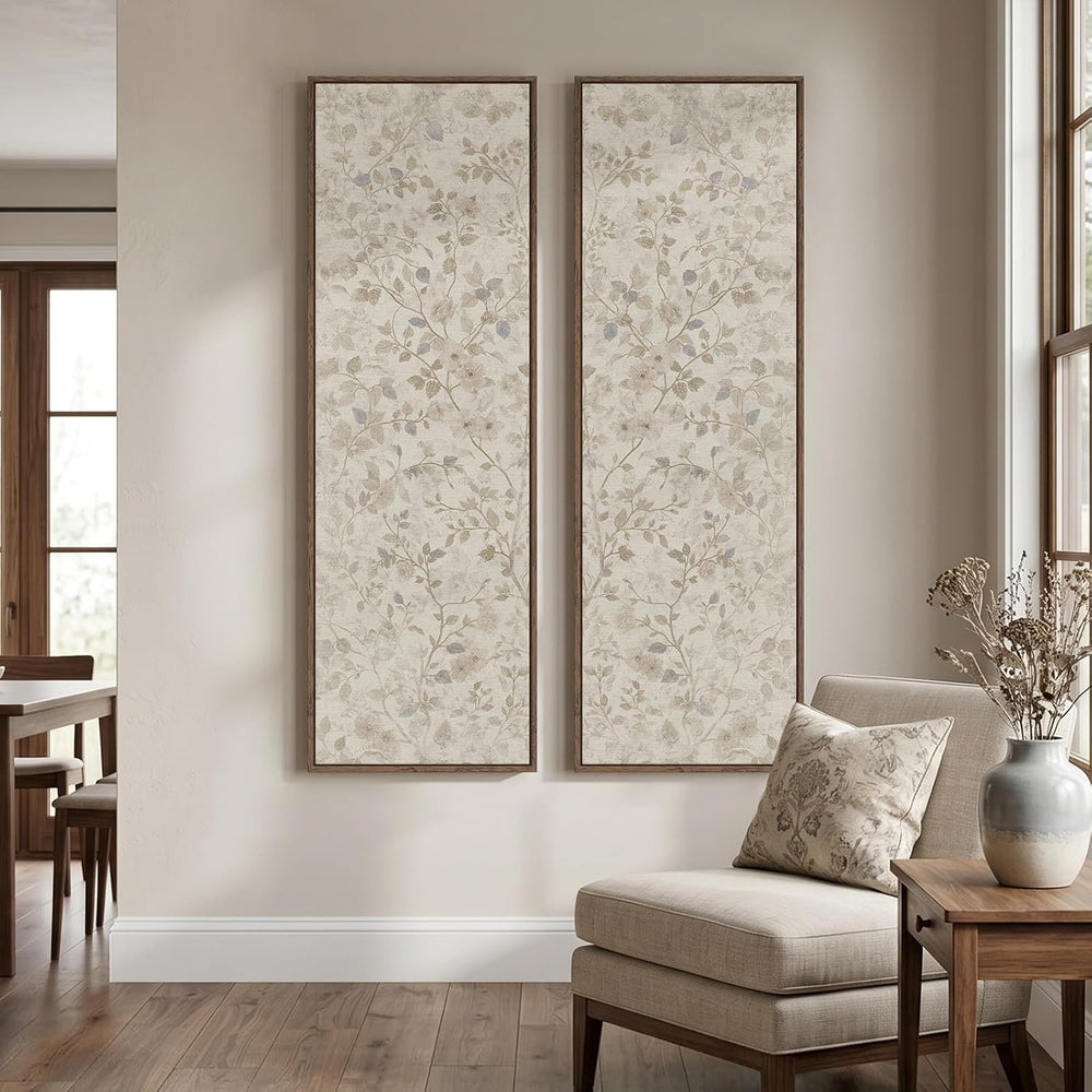 Framed Vertical Vintage Neutral Botanical Wall Art for Living Room, 60x20