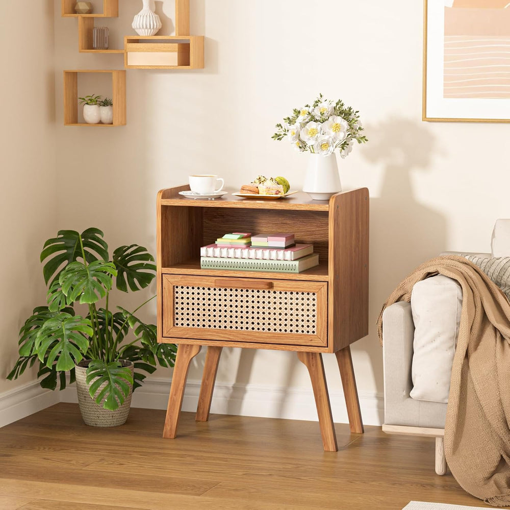 Lerliuo Rattan Nightstand, Side Table with Drawer Open Shelf
