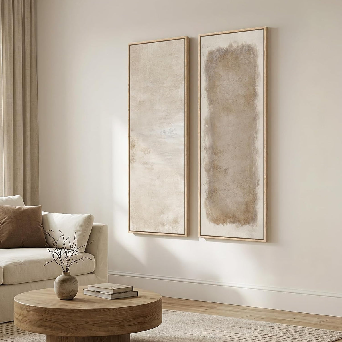 Large Framed Beige Cream Abstract Vertical Wall Art for Hallway, 2 Piece