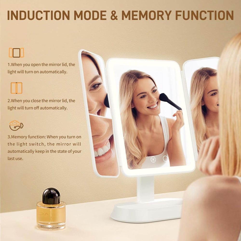 FRANO Trifold Makeup Mirror with Light, 3X/5X Magnifying Vanity Mirror,