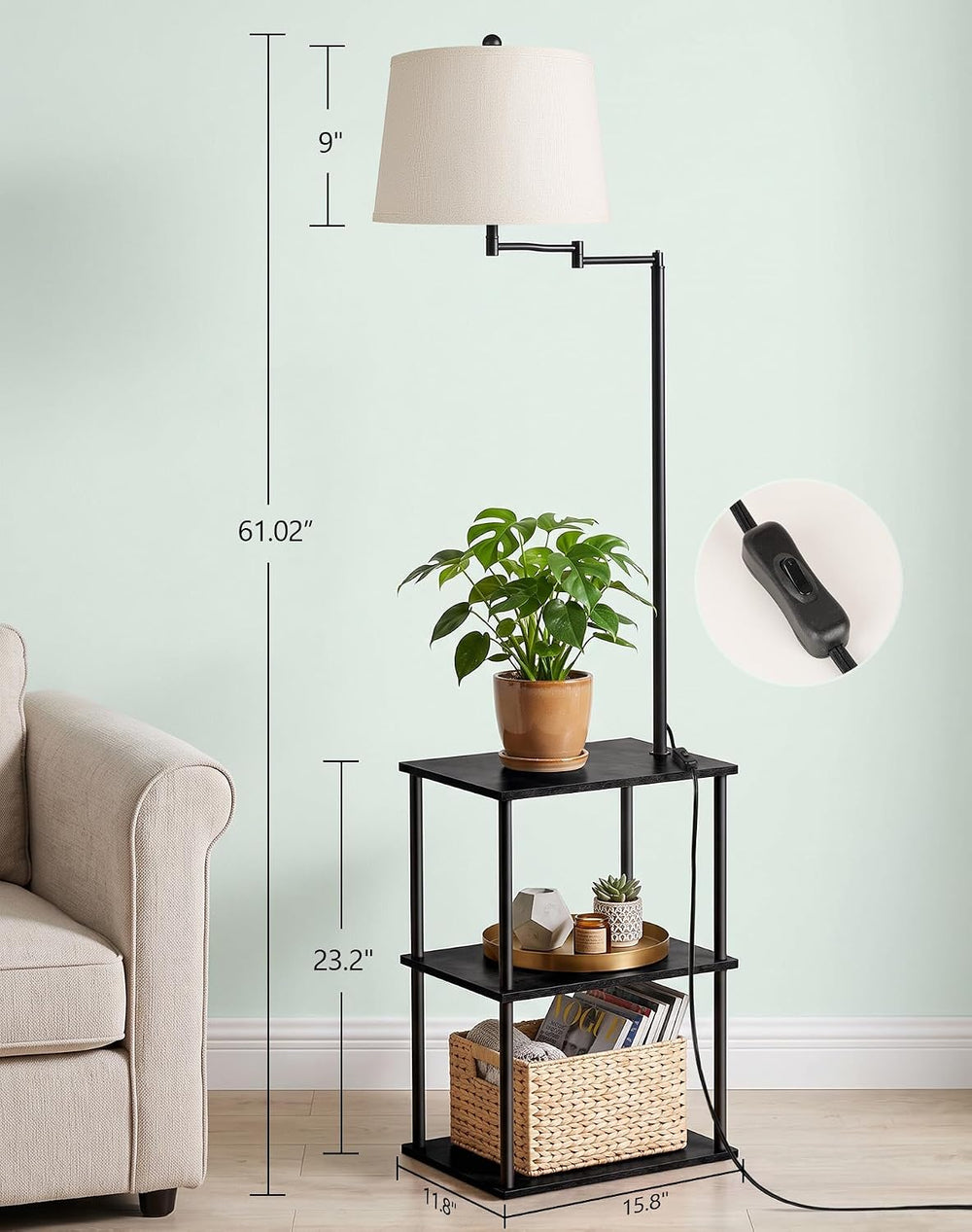 Swing Arm Floor Lamp with Table, Nightstands End Side Table for Living Room