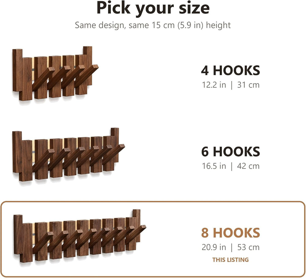 Piano Key Coat Rack Wall Mounted, 8 Flip-Down Hooks, Walnut-Toned