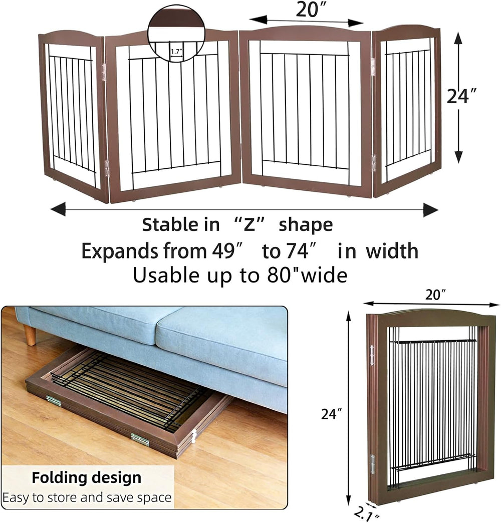 ZJSF Freestanding Foldable Dog Gate for House Extra Wide Wooden Brown Puppy G...