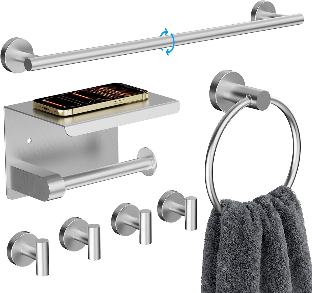 Brushed Nickel Bathroom Hardware Set 7 Piece with 23.6 Inch Towel Bar