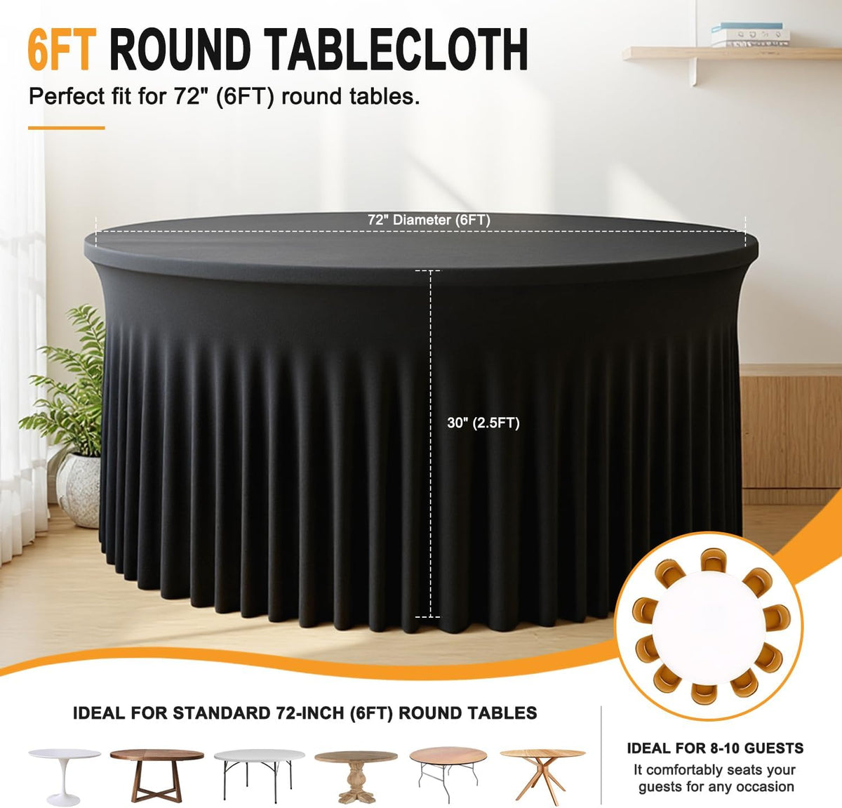 4 Pack 132 Inch Black Round Tablecloth, Fitted Tablecloths for 6FT Round Tables, Spandex Table Cover with Table Skirt for Wedding Photography Party Professional Events Halloween Decoration Indoor