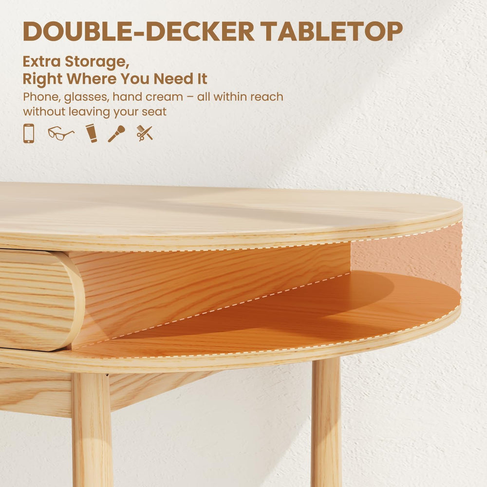 48in Solid Wood Desk - Oval-Shaped Double-Top Dressing Table, Ash