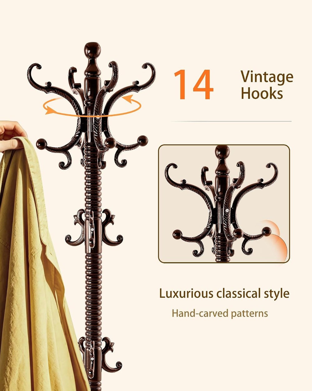 Wooden Coat Rack, Vintage Solid Wood Coat Rack Stand with 14 Hooks