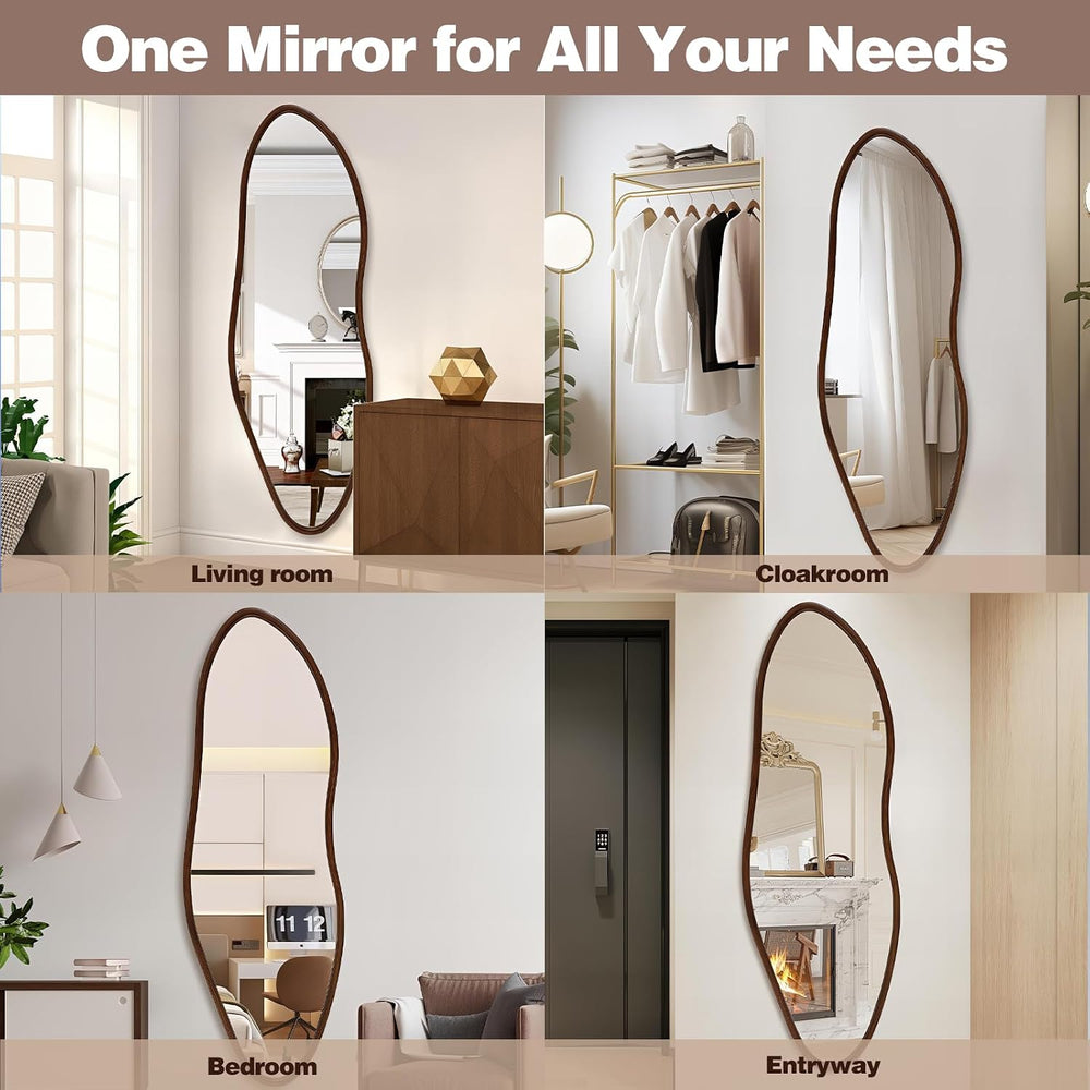 Irregular Full Length Mirror, 65"x22" Wood Full Body Mirror Walnut