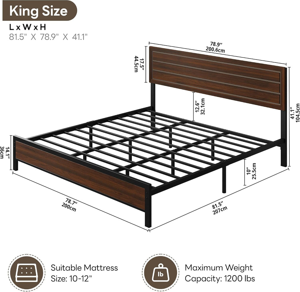 LIKIMIO King Bed Frame and Headboard, Unique Mid-Century Modern Design