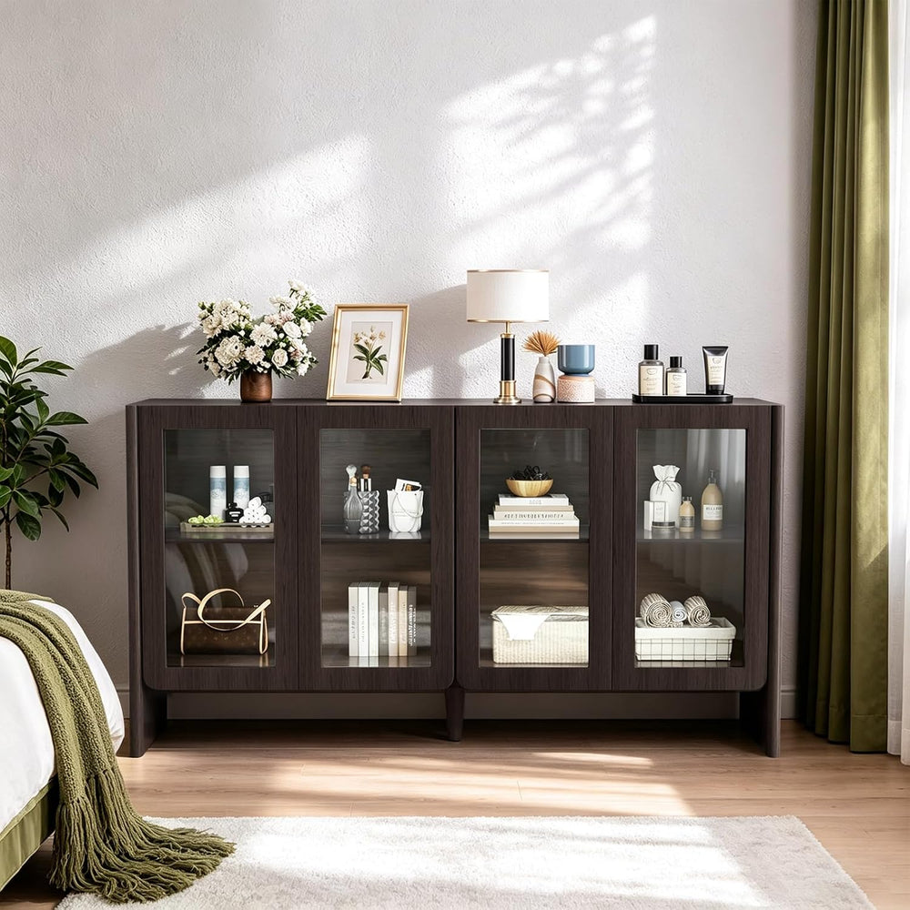 NicBex 55in Buffet Cabinet with Glass Doors, Modern Storage Cabinet, Walnut