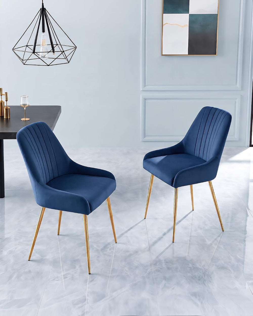 Blue Velvet Dining Chairs Set of 2, Modern Kitchen and Vanity Chairs