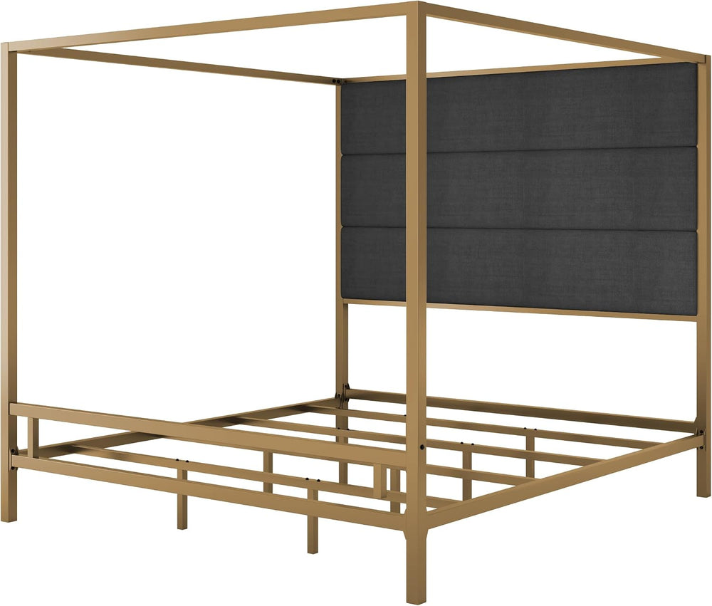 Merax King Canopy Bed Frame with Tall Linen Headboard, Metal 4 Poster Bed