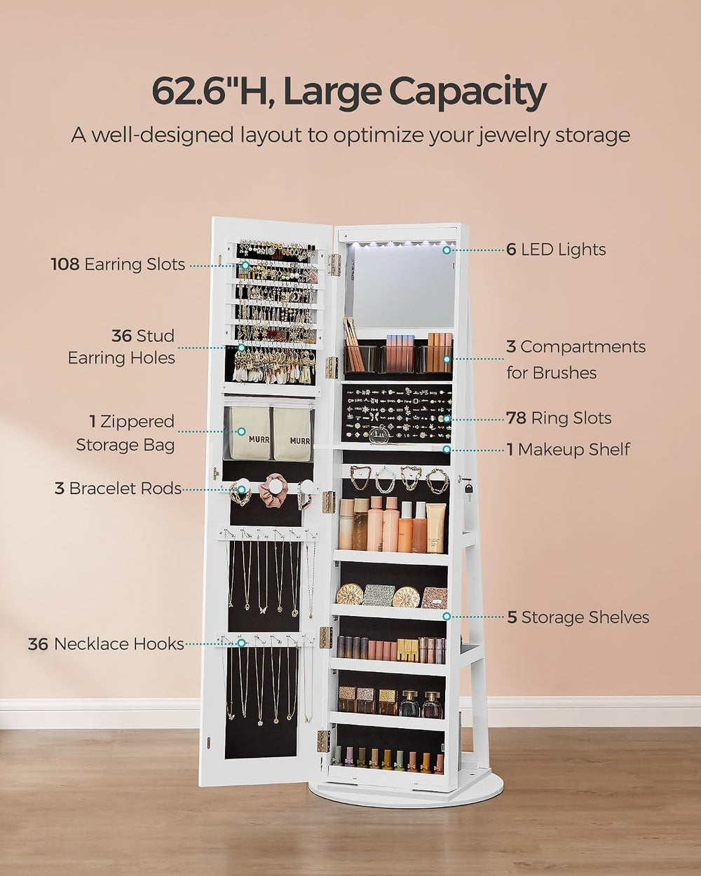 SONGMICS LED Mirror Jewelry Cabinet Standing, Adjustable Lights, Lockable