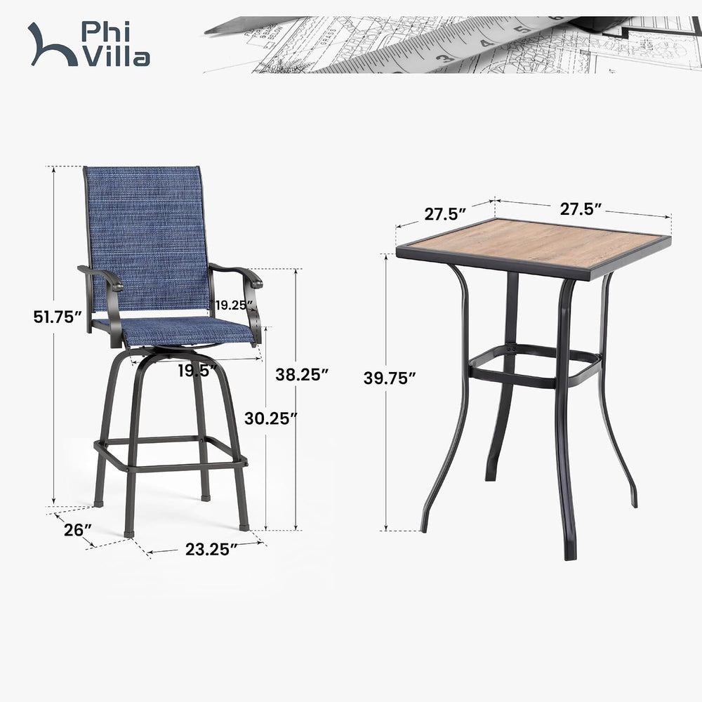 PHI VILLA 3 Piece Outdoor Swivel Bar Stools Set, Bar Height Patio Set