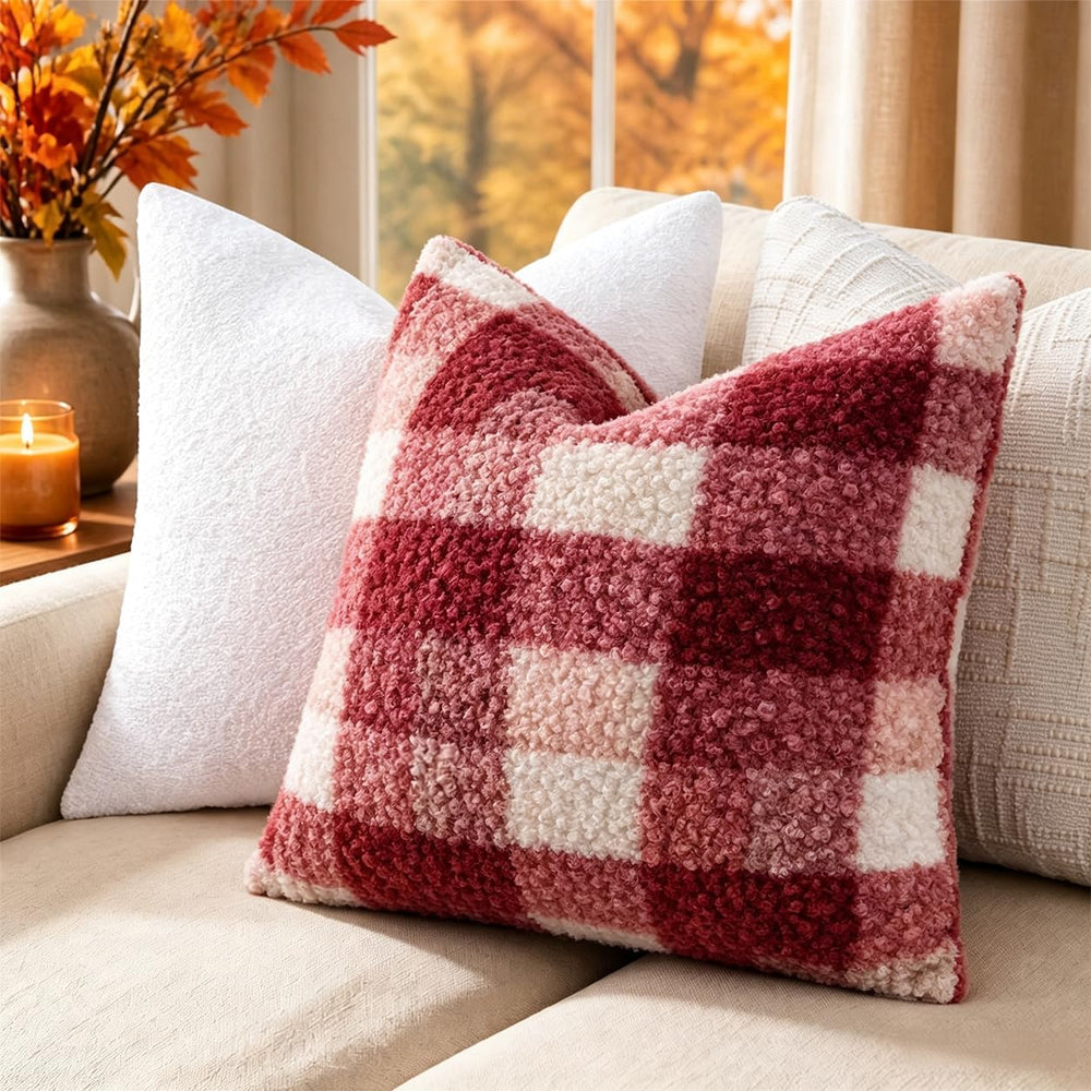 decorUhome Faux Fur Plaid Throw Pillow Covers 24X24 Set of 2 Red