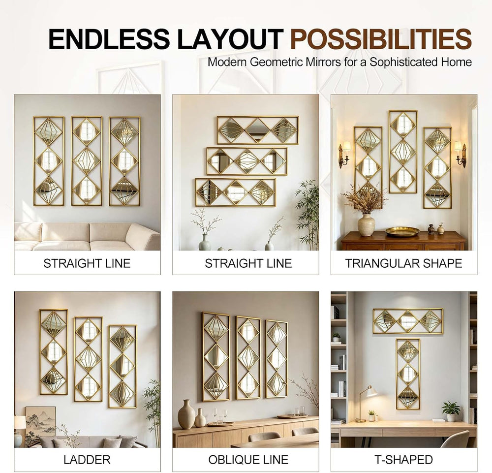 Set of 3 Gold Wall Mirrors, Large Geometric Decorative Mirrors with Metal Fra...