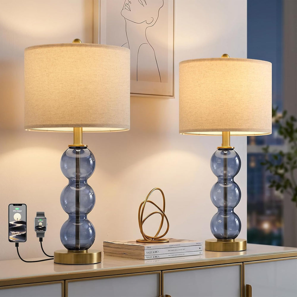 Oneach 25" Blue Table Lamps for Living Room, Glass Modern Table Lamp Set...