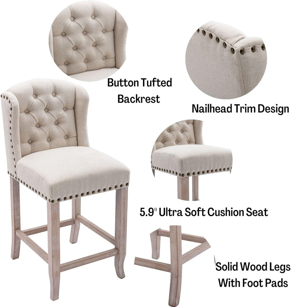 LukeAlon 26" Tufted Wingback Linen Counter Stools Set of 4, Beige