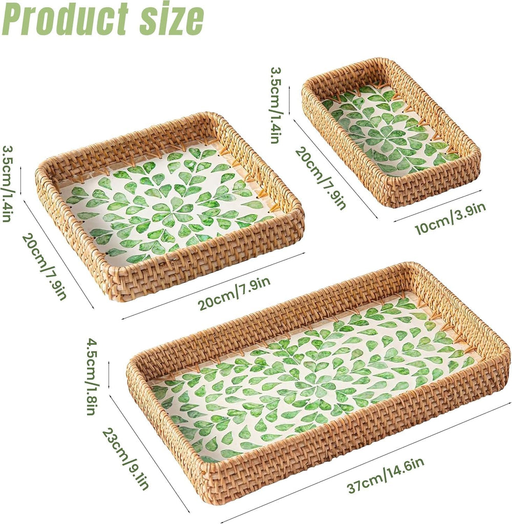 Rattan Serving Tray with Mother of Pearl Inlay,Set of 3 Wicker Serving Tray B...
