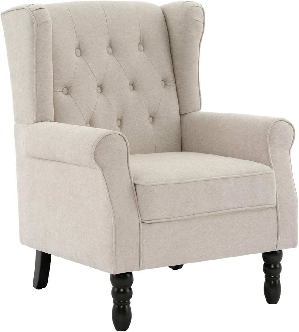 High Back Accent Chairs Set of 2, Wingback Armchair in Fabric, Beige