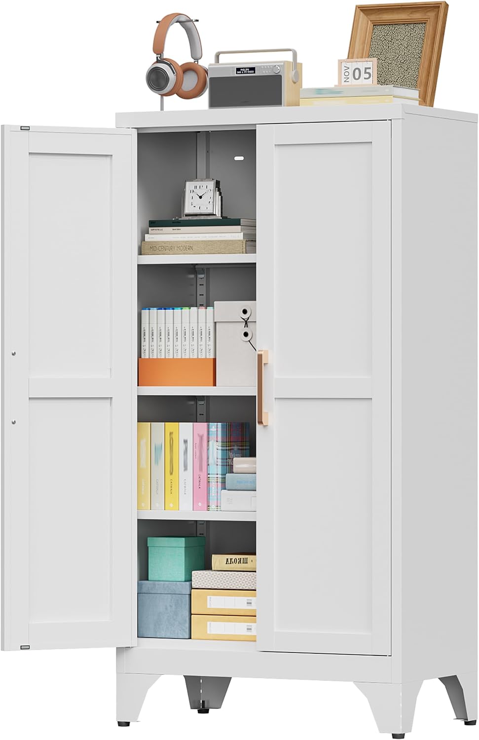 46.06" White Metal Storage Cabinet, 2 Door Adjustable Shelves Freestanding Pantry Cabinet (White, 11.81" D x 23.62" W x 46.06" H)