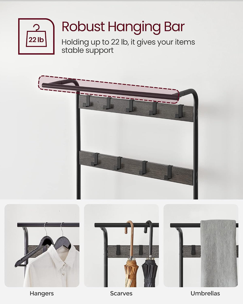 VASAGLE Coat Rack, Hall Tree with Shoe Bench, 4-in-1, 9 Removable Hooks