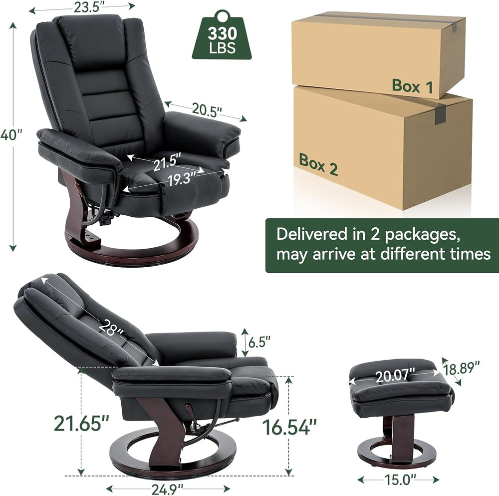 Swivel Recliner Chair with Ottoman, Adjustable PU Leather Recliner, Black