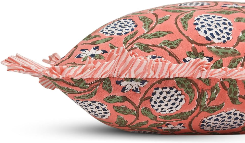 Ridhi Dark Salmon Pink Block Print Ruffle Pillow Covers 16x16 Inch Set of 2