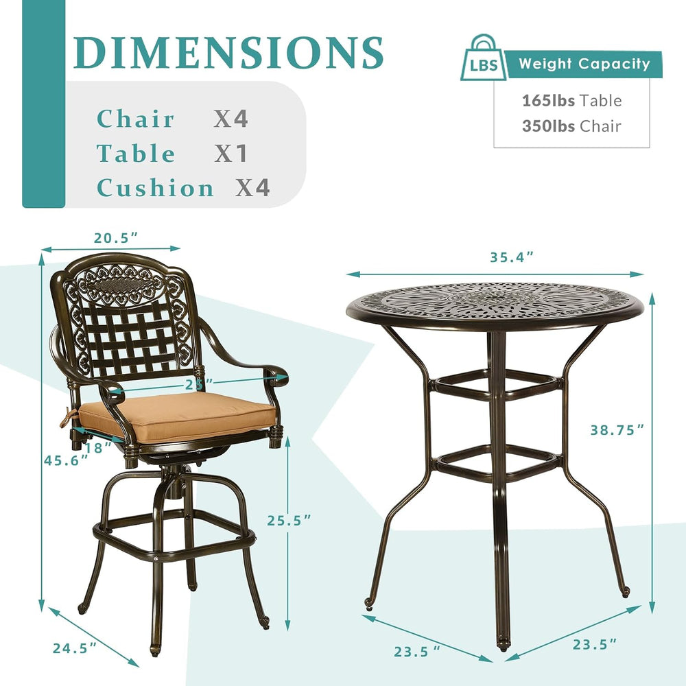MEETWARM 5-Piece Patio Swivel Bar Set, All-Weather Cast Aluminum Outdoor High...