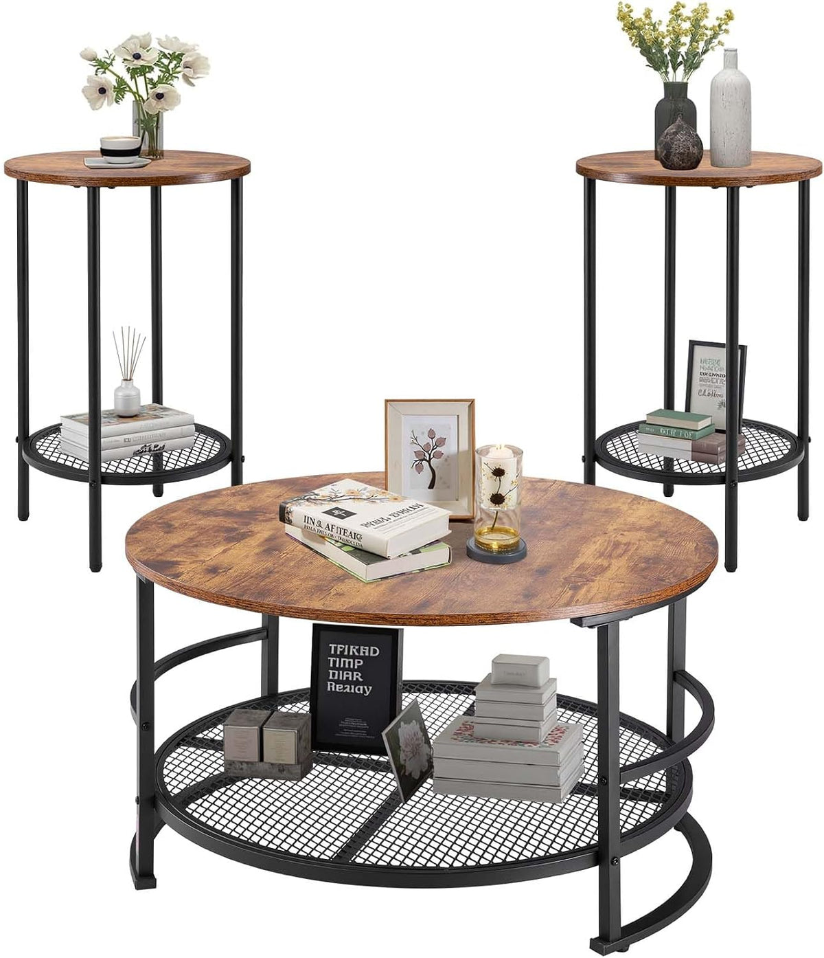 VEVOR 3 Pieces Round Coffee Table Sets, 31.5 in Industrial Living Room Table with 2 End Side Tables, Easy Assembly Coffee and End Tables Sets with Metal Legs, for Office, Living Room and Apartment