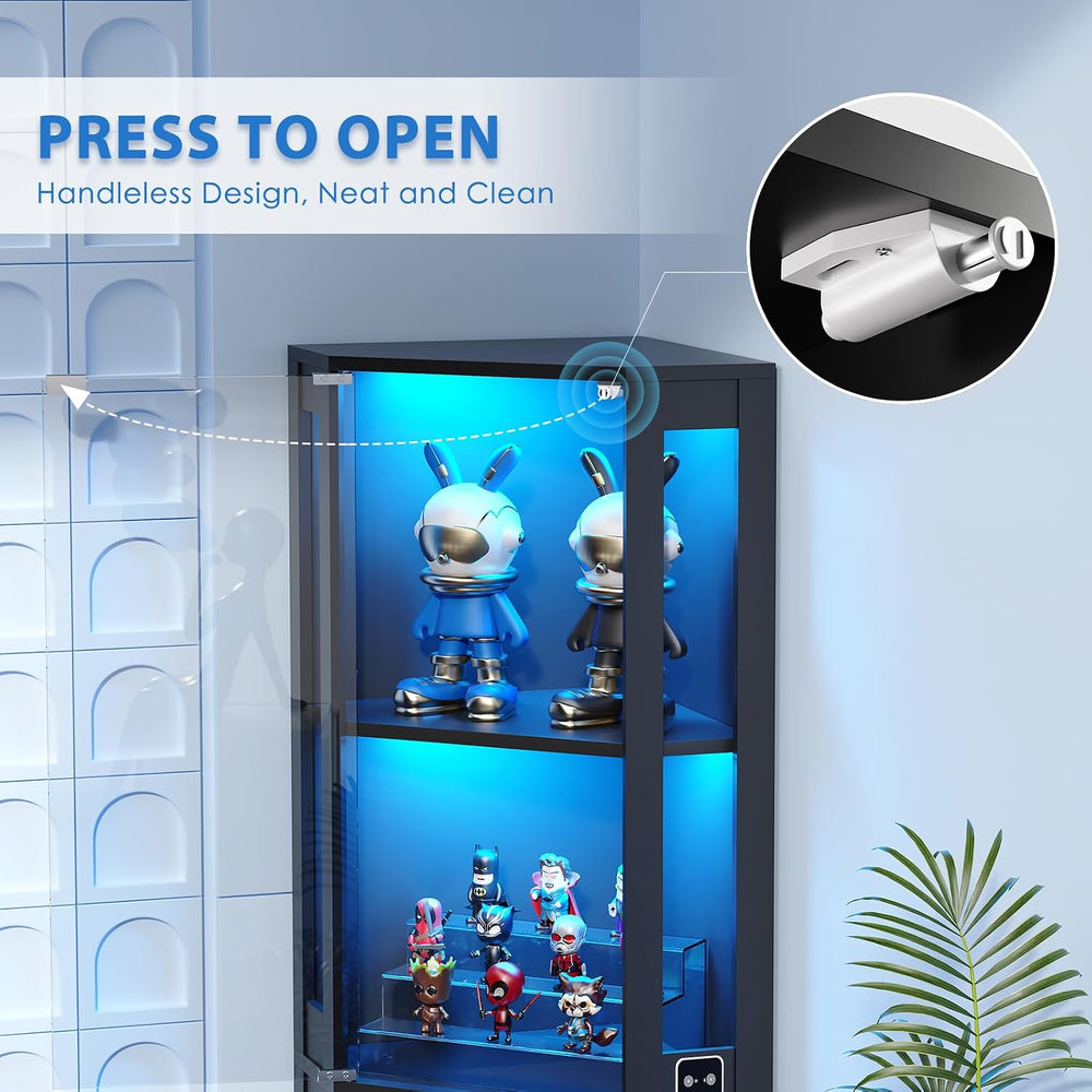 BROTTAR 65" Corner Display Cabinet with Glass Doors & LED Lights, Black