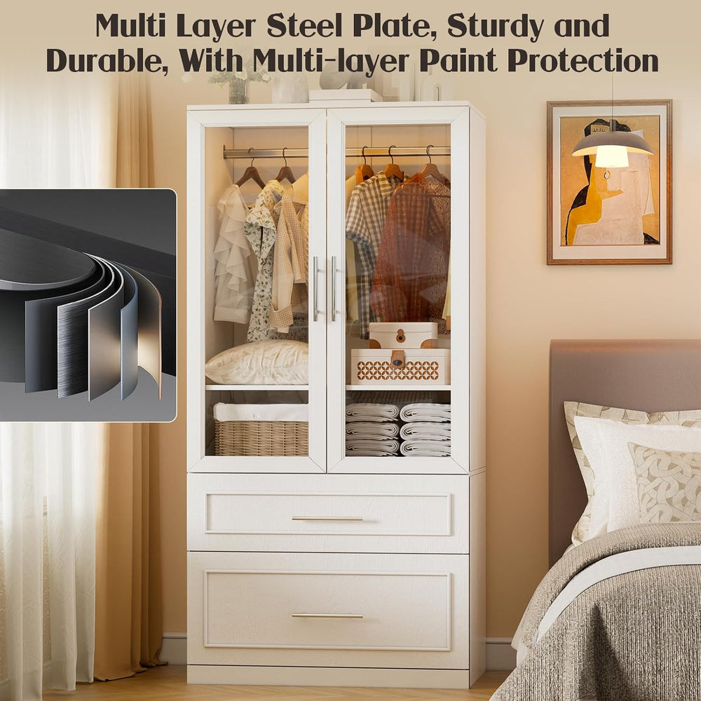 PAKASEPT Armoire Wardrobe Closet with Glass Door and Drawers, Bedroom Closet ...