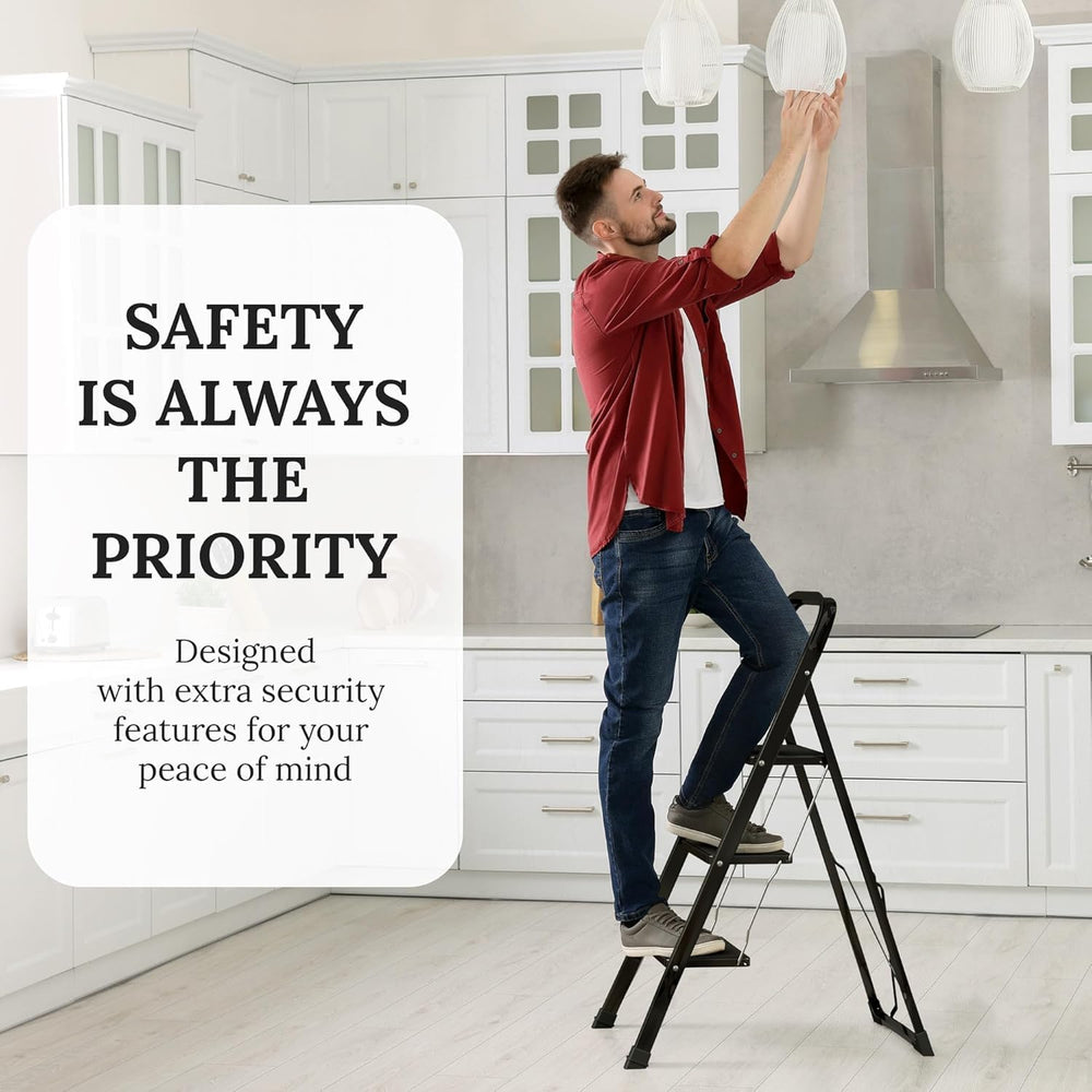 3-Step Ladder with Wide Anti-Slip Platform & Thick Rubber Feet | Heavy Du...