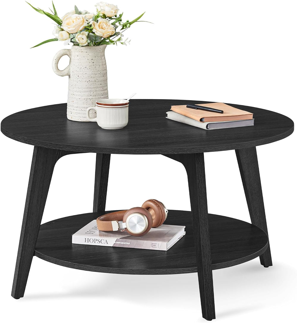 VASAGLE Round Coffee Table, 2-Tier Center Table with Storage, Tapered Legs