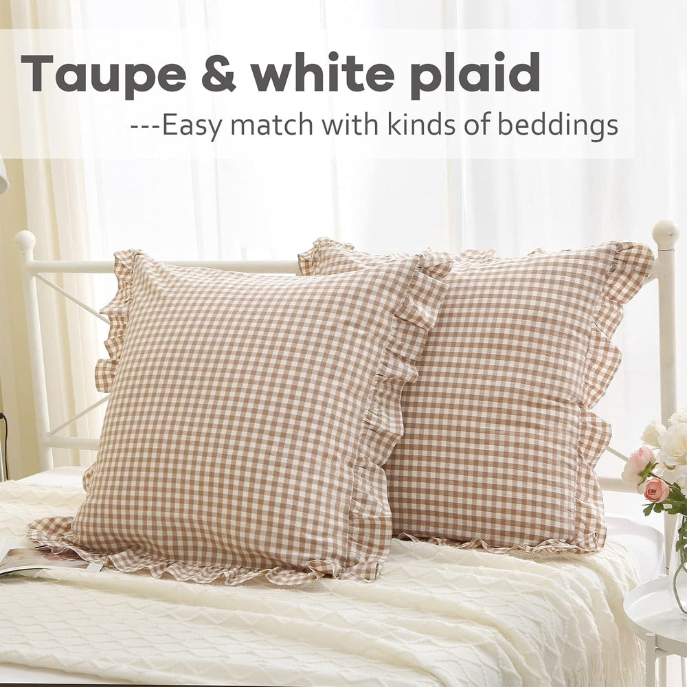 2 Pack Taupe White Gingham Ruffle Euro Pillow Shams 26''x26''