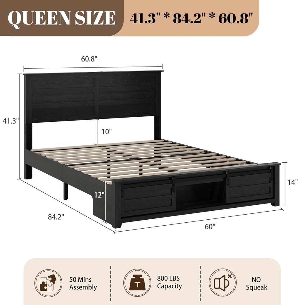 Wooden Queen Bed Frame with Headboard, Farmhouse Storage, Barn Door