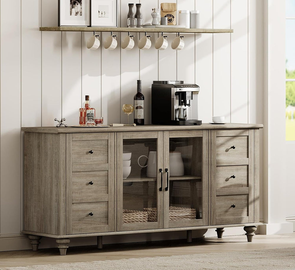 WAMPAT Farmhouse Sideboard Buffet Cabinet with Glass Door & Adjustable Sh...