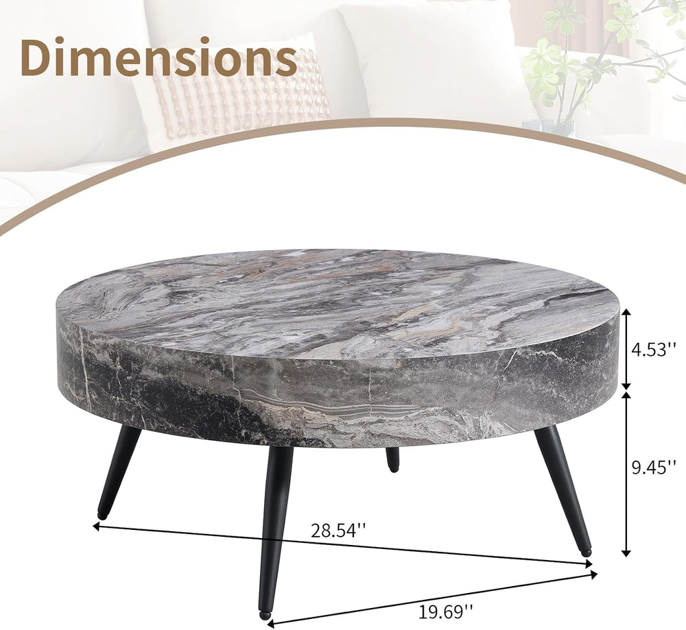 Round Coffee Table, Small Wood Marble Coffee Table with Metal Legs, Modern Mi...