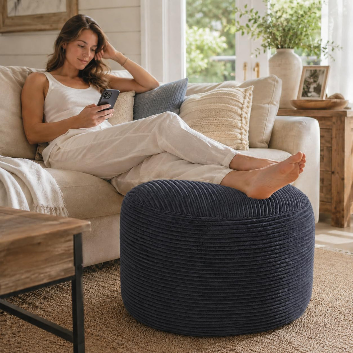 Round Stuffed Pouf Ottoman, Foot Stool Ottoman,Corduroy Poufs with Foam Chunk Filling, Furry and Fluffy Storage Ottomans, 26 X 18 Floor Poufs Foot Rest for Living Room,Gray