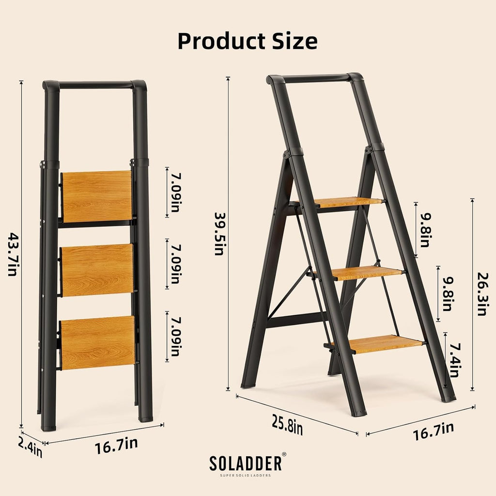 SOLADDER Folding 3 Step Ladder with Handrails,Foldable Step Stool