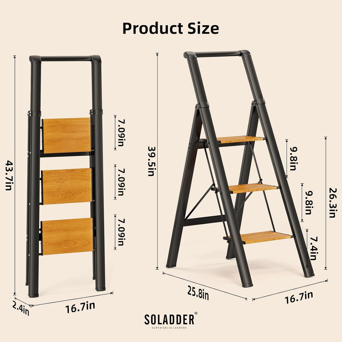 SOLADDER Folding 3 Step Ladder with Handrails,Foldable Step Stool