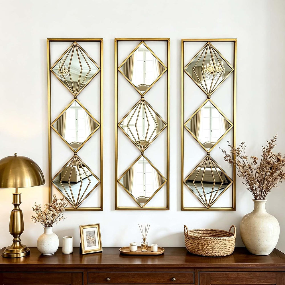 Set of 3 Gold Wall Mirrors, Large Geometric Decorative Mirrors with Metal Fra...