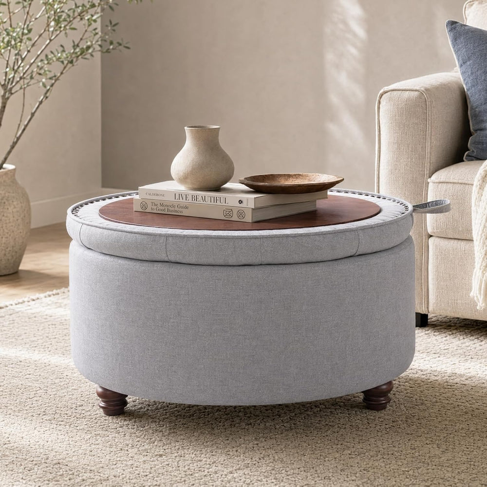 30" Round Storage Ottoman Coffee Table, Tufted Lid & Wood Top, Gray