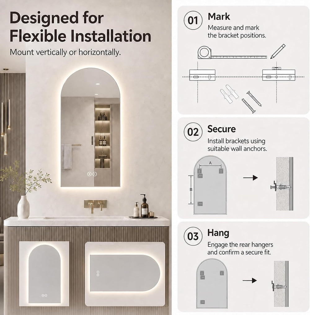 LAIYA 40 x 30 Inch Arched LED Bathroom Mirror, Frameless, Backlit, Anti-Fog