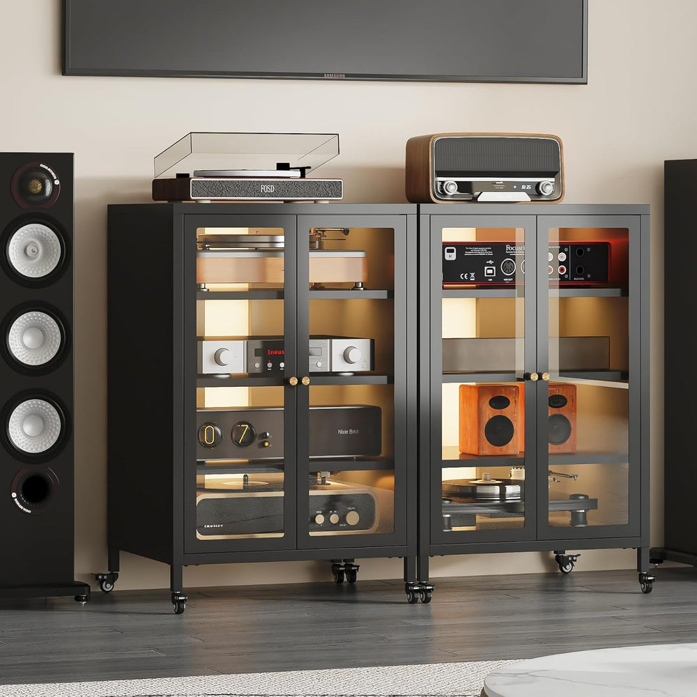 Metal Media Cabinet with 13-Color LED Lights & Swivel Wheels, 4-Tier Ster...