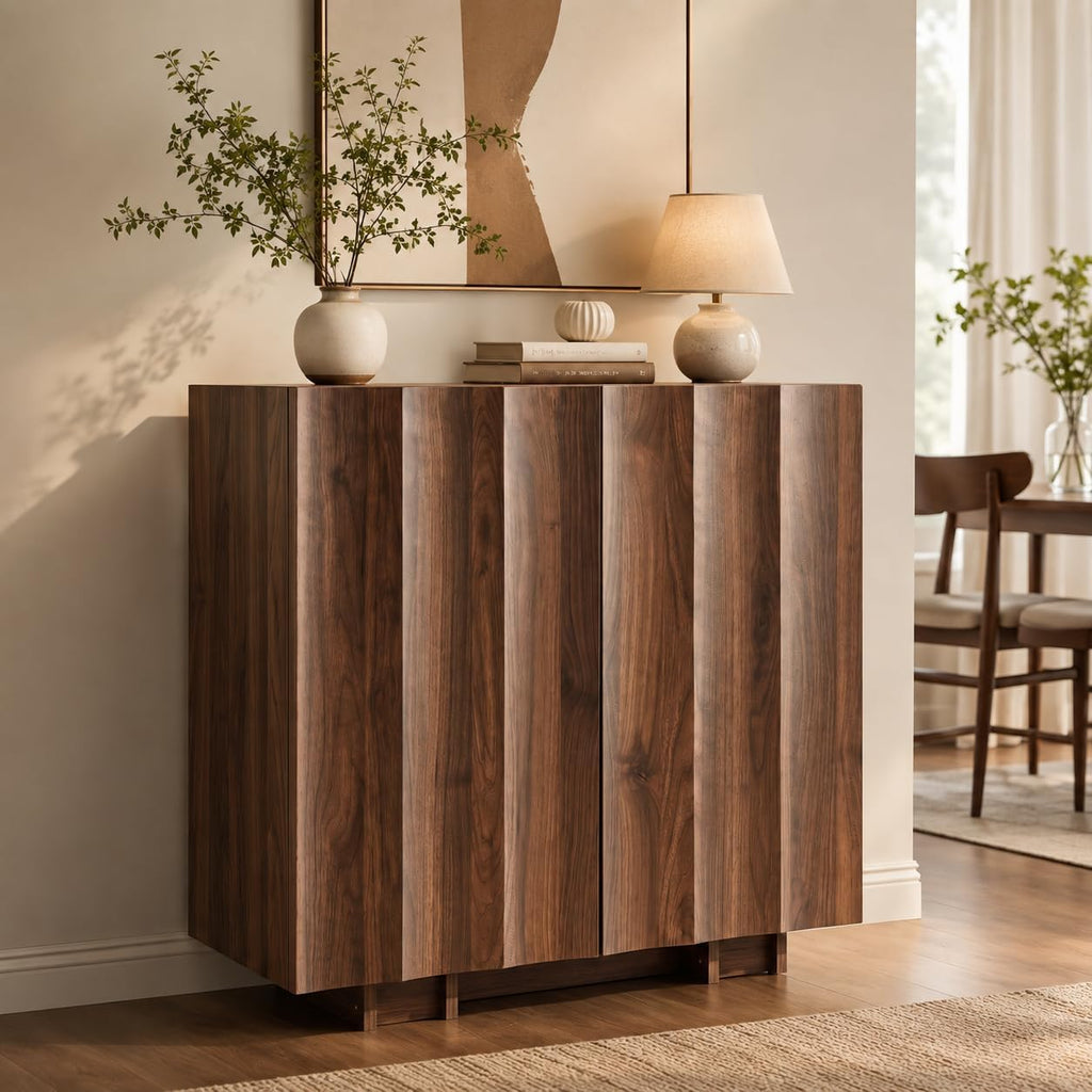 win2win 30.8" Sideboard Buffet Cabinet with Storage, Walnut, Wave Design