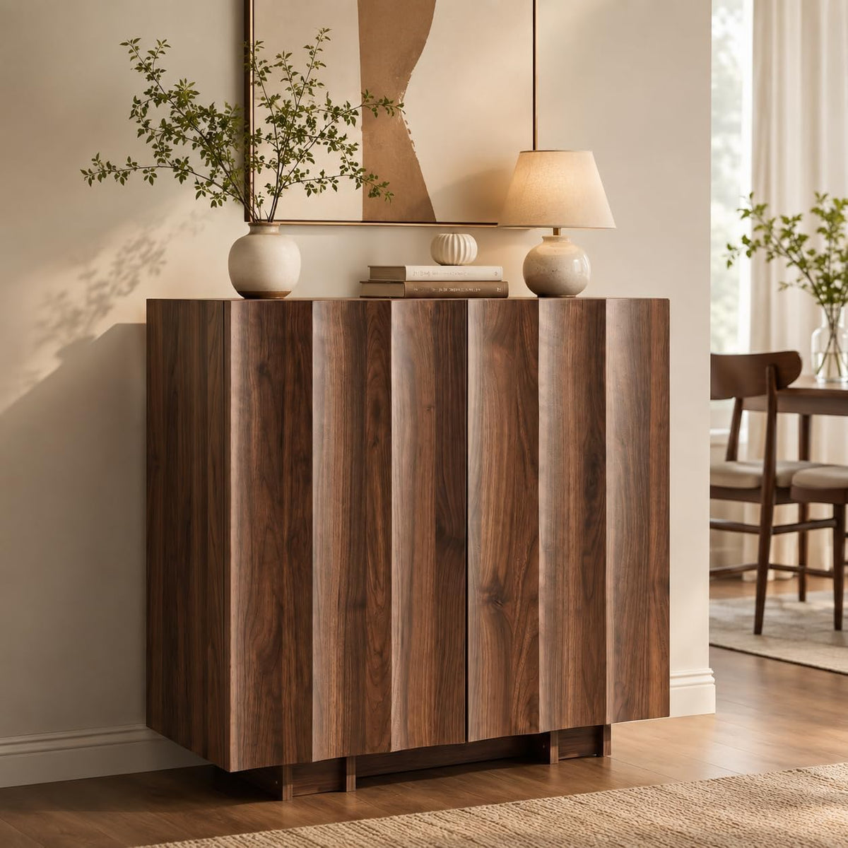 win2win 30.8" Sideboard Buffet Cabinet with Storage, Walnut, Wave Design