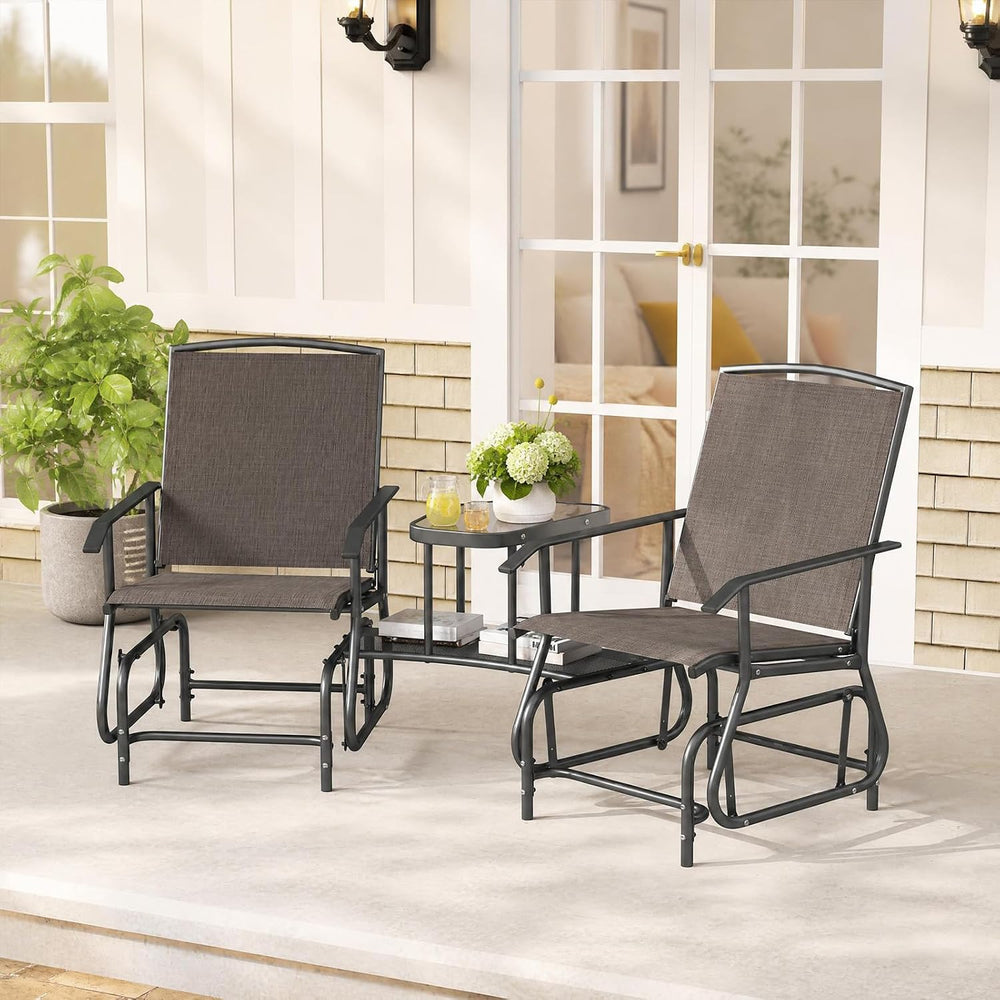 GIANTEX Outdoor Glider Chairs with 2-Tier Center Table, 2-Person Loveseat